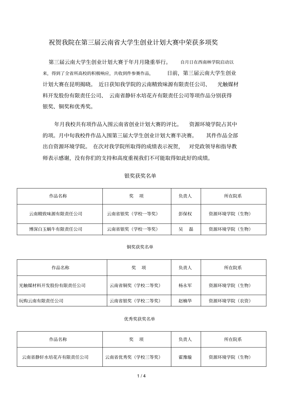 祝贺我院在第三届云南大学生创业计划大赛中荣获多项奖_第1页
