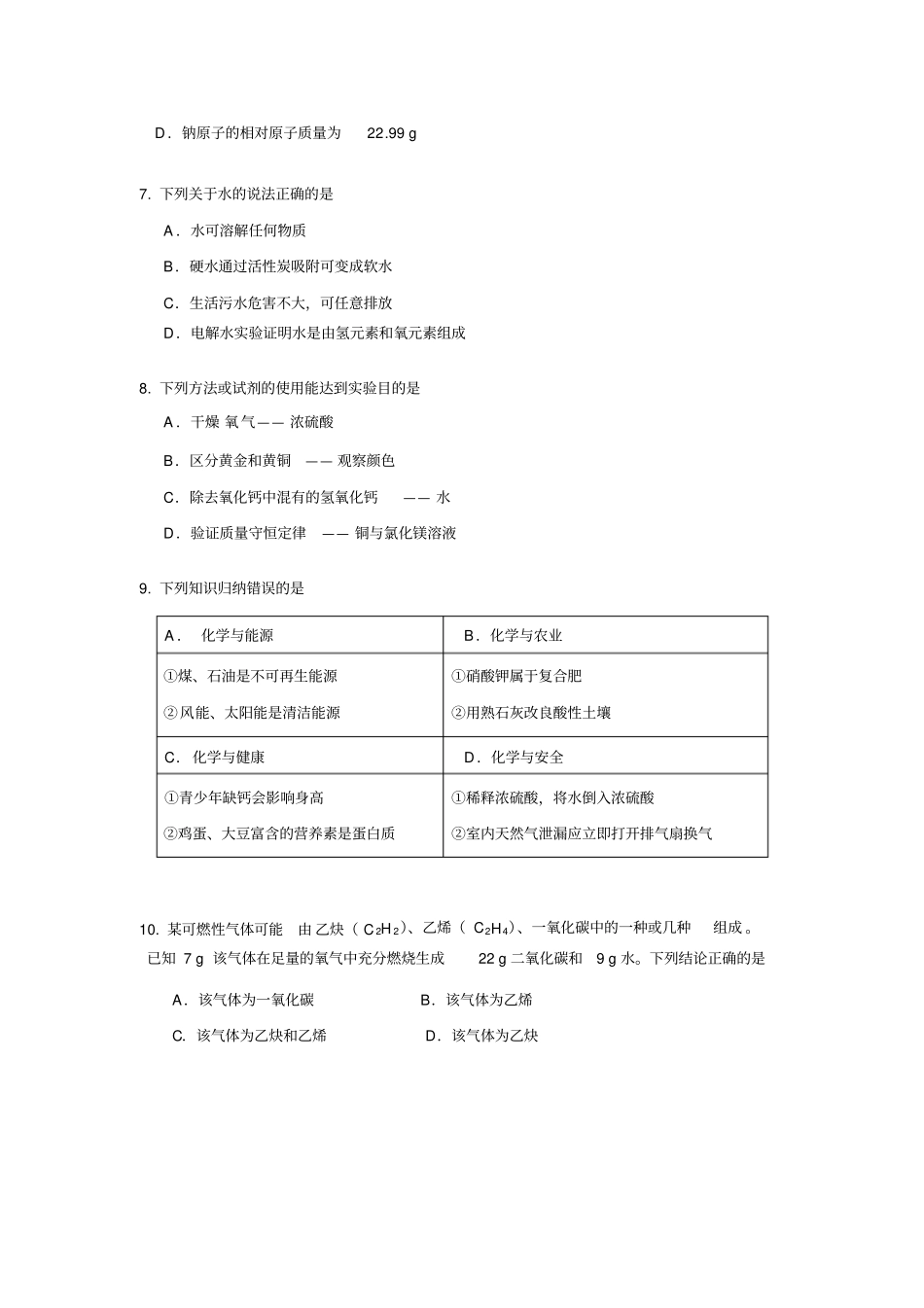 福建福州2017年初中毕业班质量检测化学试题_第2页