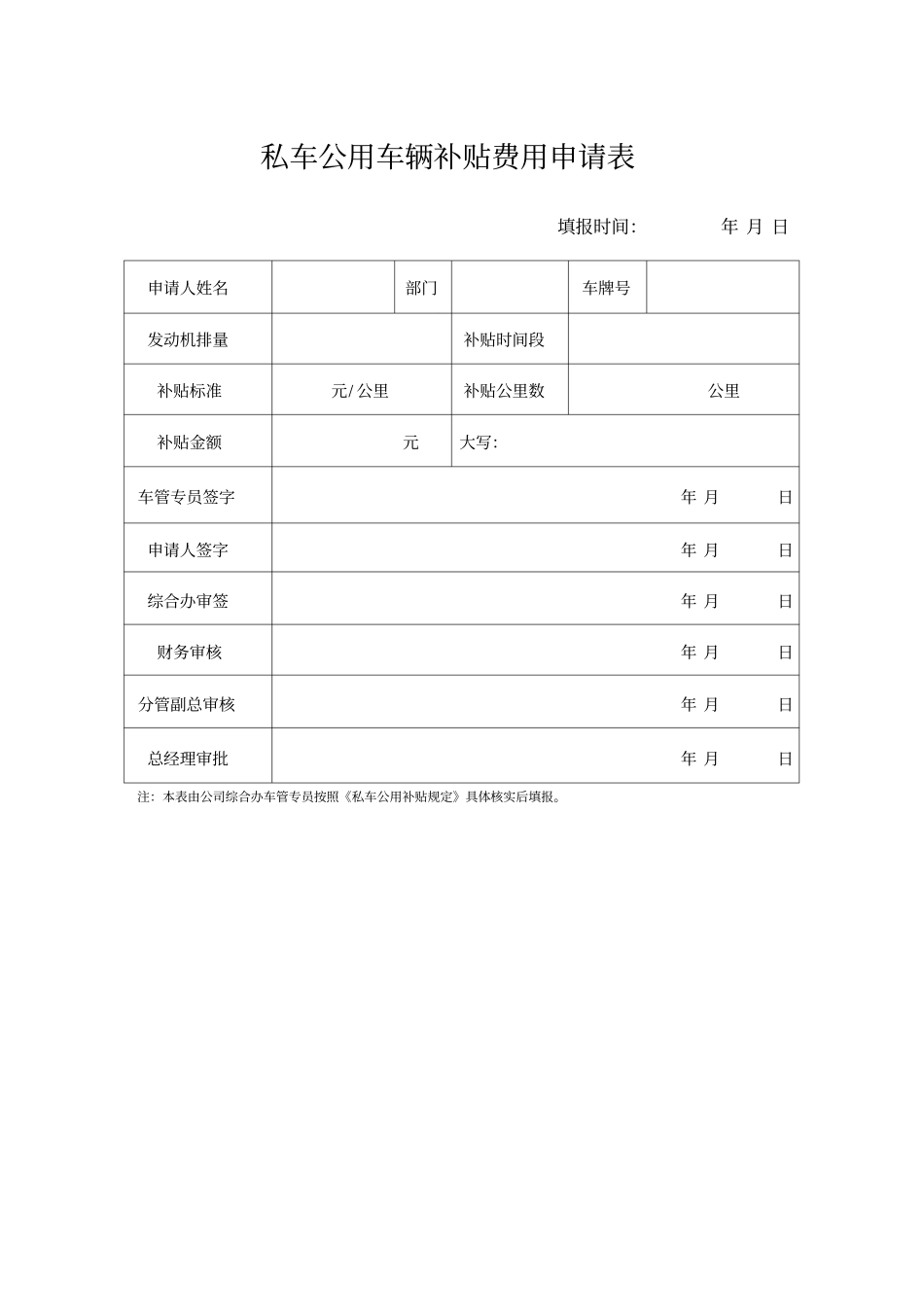 私车公用车辆补贴费用申请表_第1页