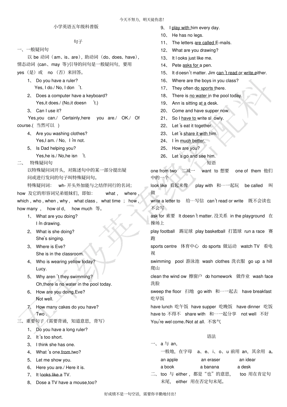 科普版小学英语五年级期中复习要点_第1页