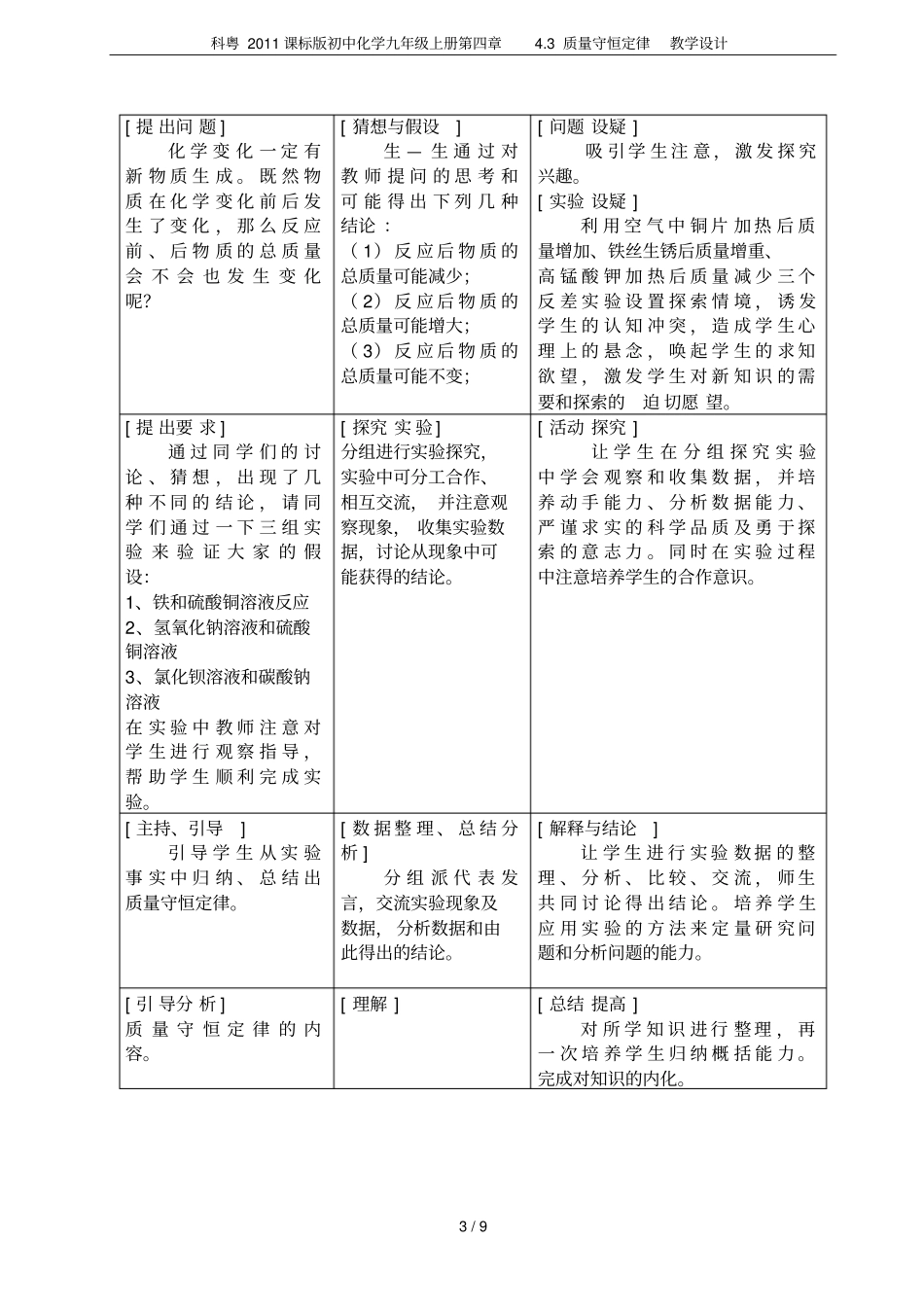 科粤2011课标版初中化学九年级上册3质量守恒定律教学设计_第3页