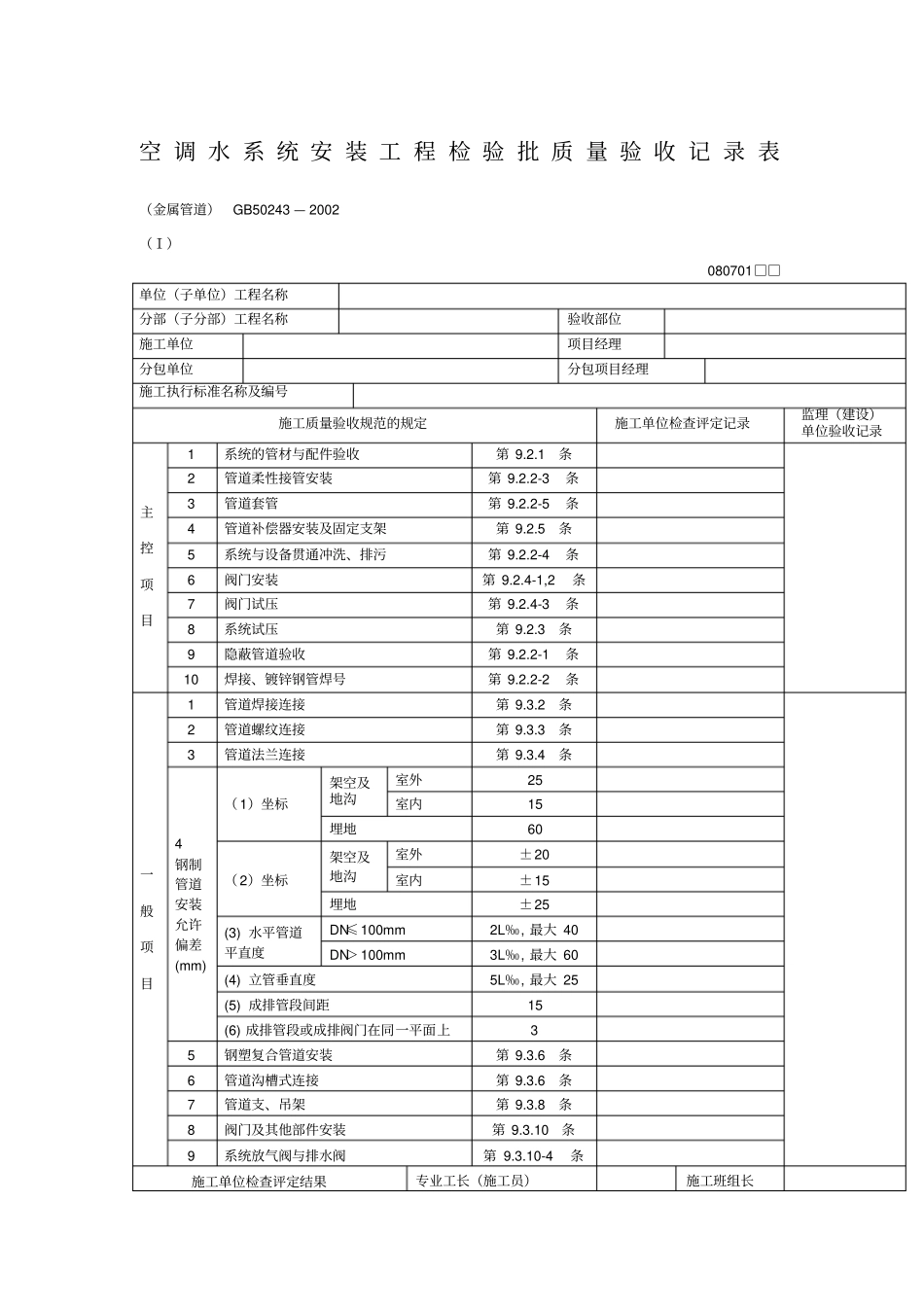空调水系统安装工程检验批质量验收记录表金属管道表格模板、格式_第1页