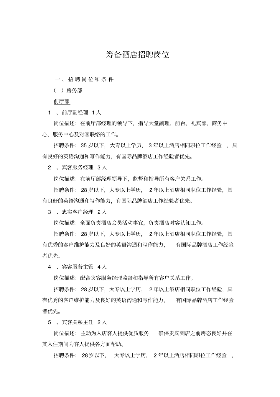 筹备酒店招聘职位参考版_第1页