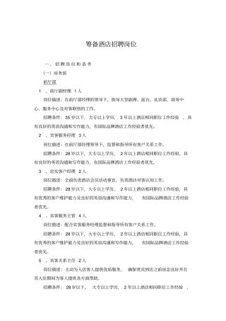 筹备酒店招聘职位参考版