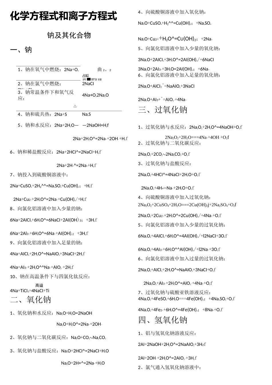 钠镁铝及其化合物的化学方程式和离子方程式(定)_第1页