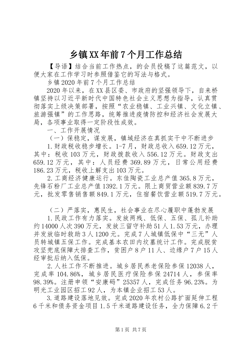 乡镇XX年前7个月工作总结_第1页