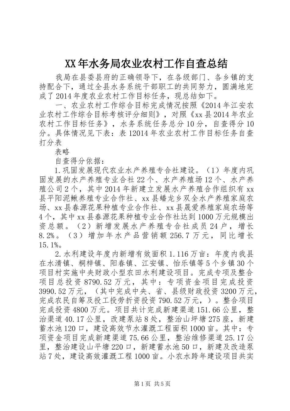 XX年水务局农业农村工作自查总结_第1页