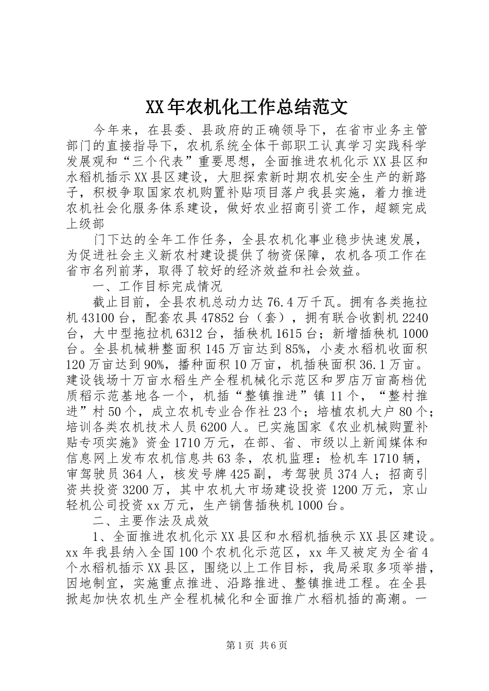 XX年农机化工作总结范文_第1页