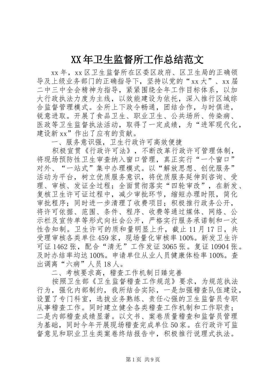 XX年卫生监督所工作总结范文_第1页
