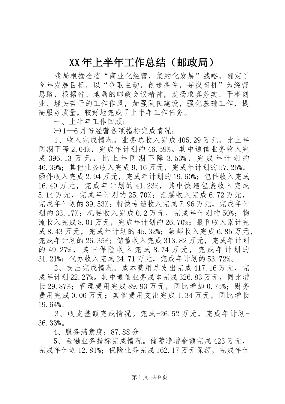 XX年上半年工作总结（邮政局）_第1页