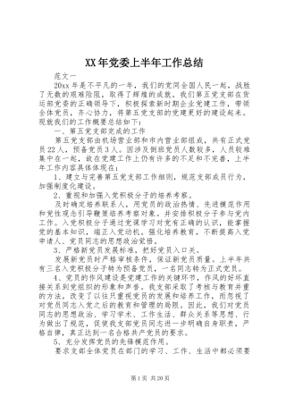 XX年党委上半年工作总结