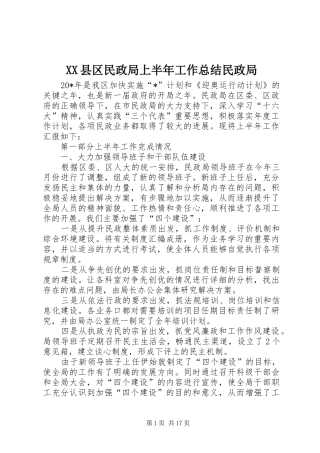 XX县区民政局上半年工作总结民政局
