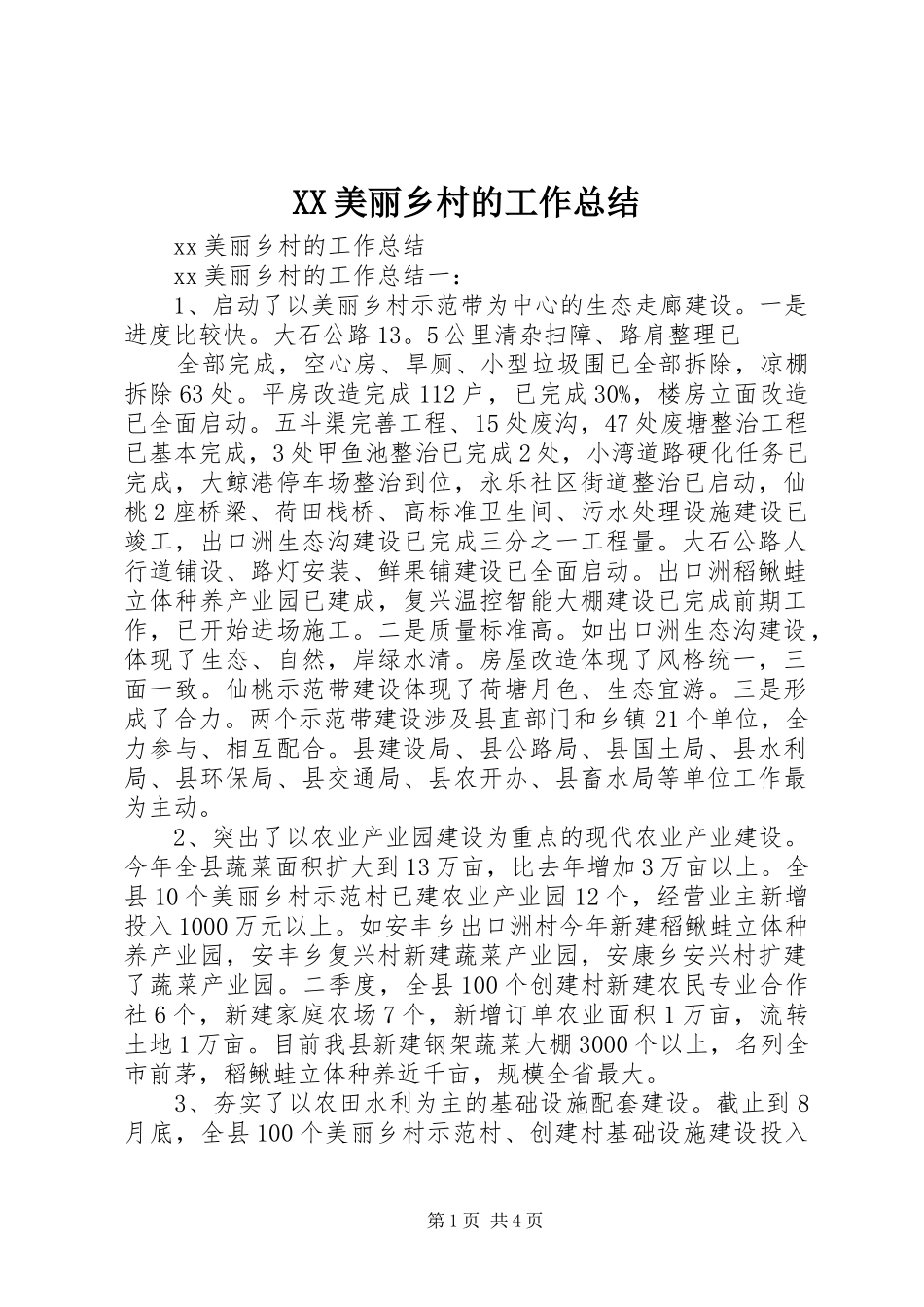 XX美丽乡村的工作总结_第1页