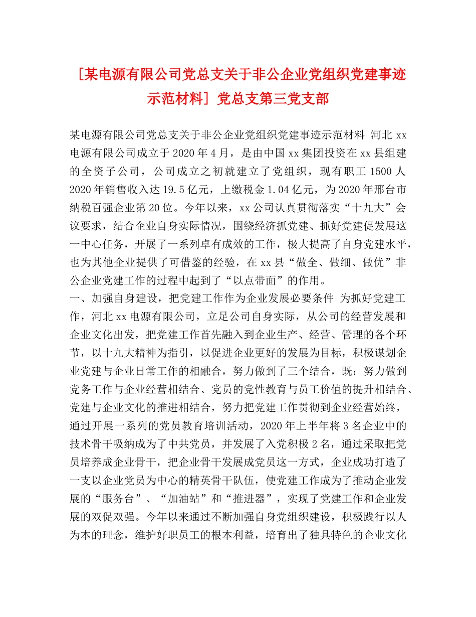 [某电源有限公司党总支关于非公企业党组织党建事迹示范材料] 党总支第三党支部 _第1页