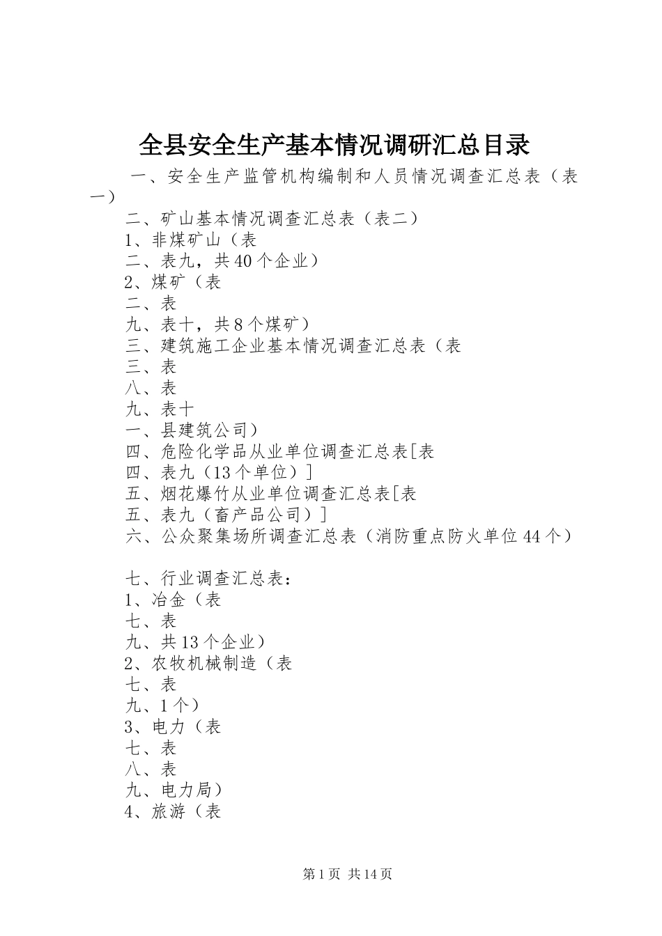 全县安全生产基本情况调研汇总目录_第1页