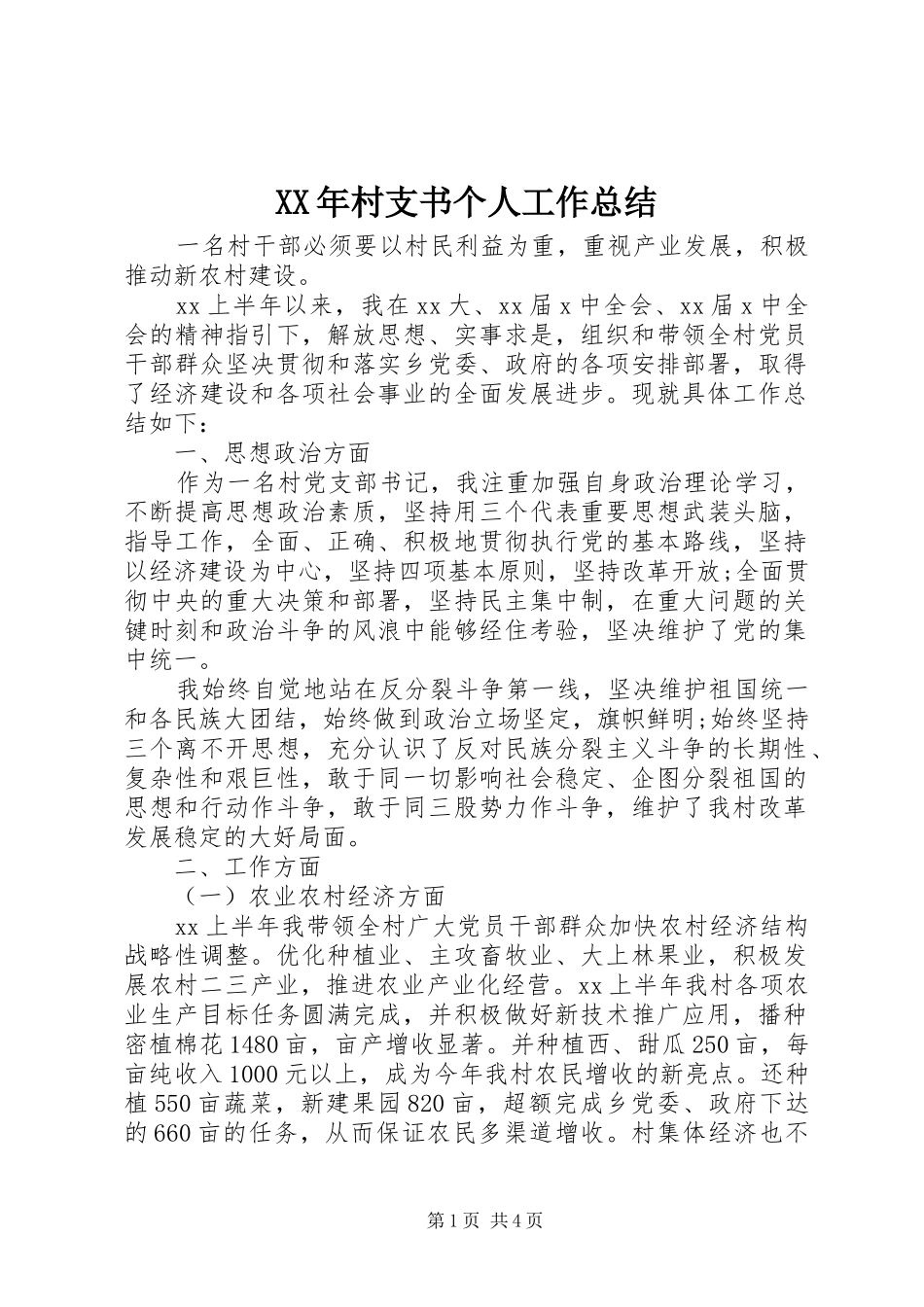 XX年村支书个人工作总结_第1页