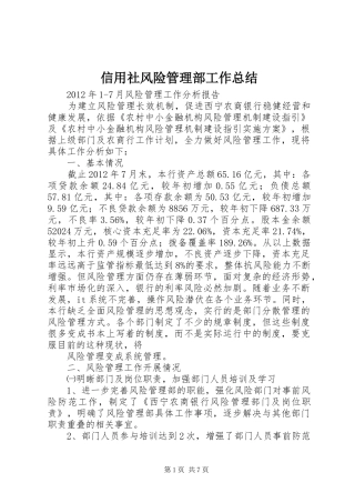 信用社风险管理部工作总结