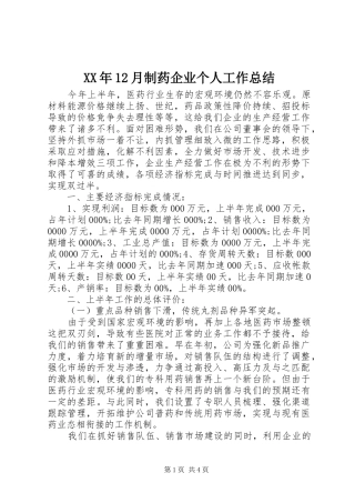 XX年12月制药企业个人工作总结