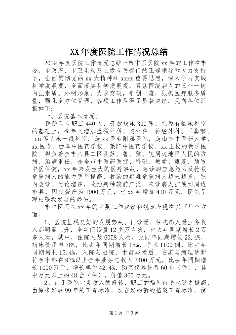 XX年度医院工作情况总结_第1页
