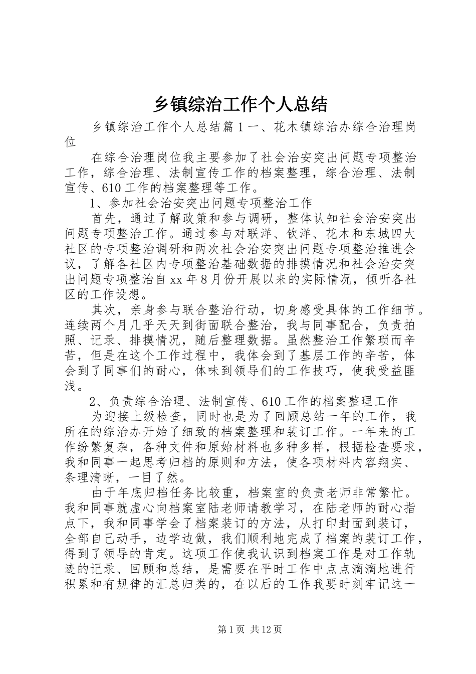 乡镇综治工作个人总结_第1页