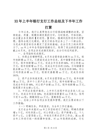 XX年上半年银行支行工作总结及下半年工作打算