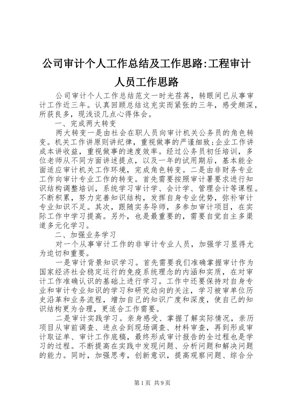 公司审计个人工作总结及工作思路-工程审计人员工作思路_第1页