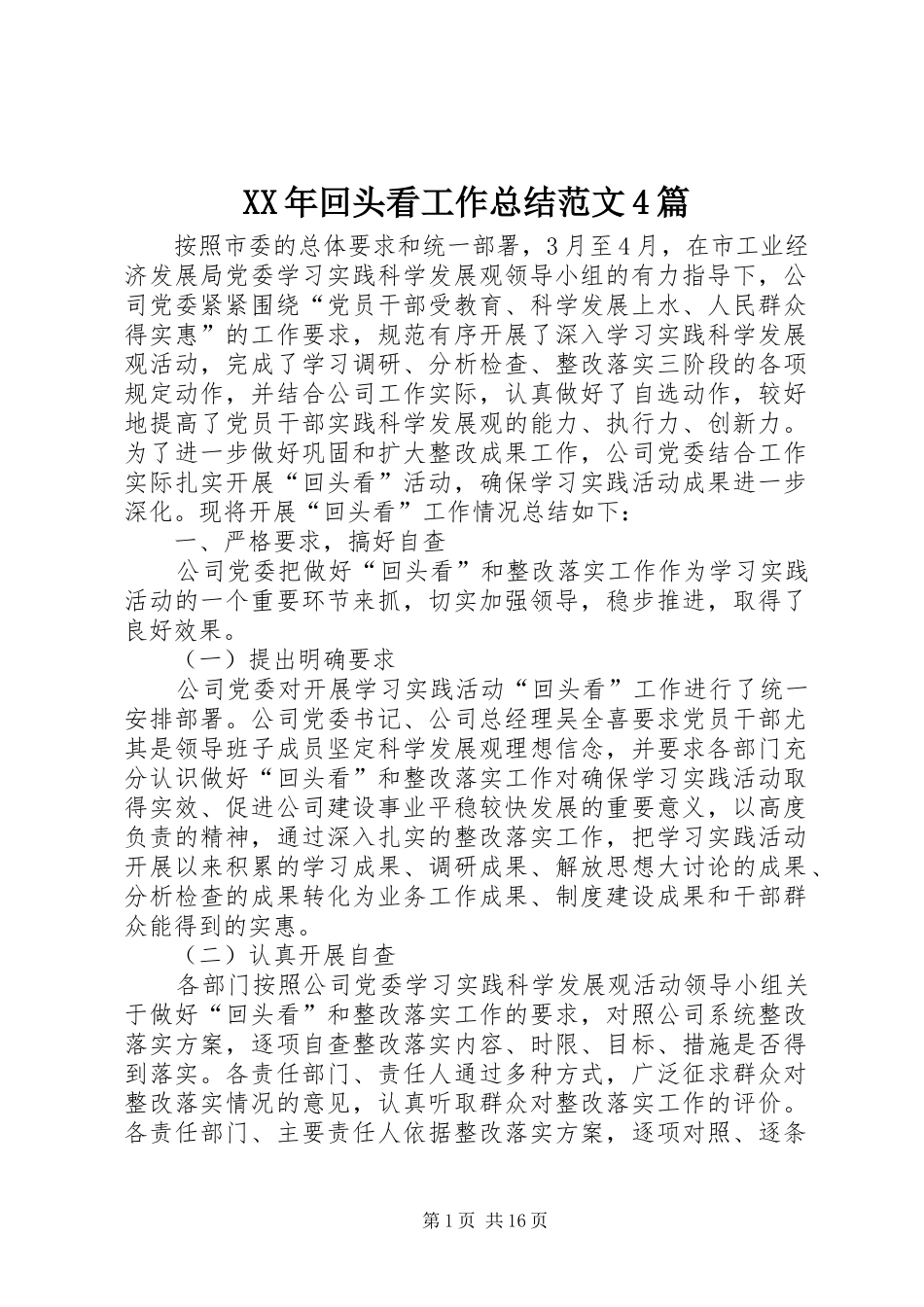 XX年回头看工作总结范文4篇_第1页