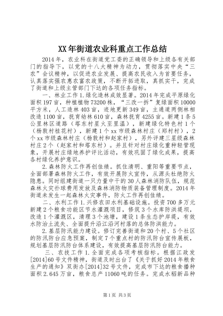 XX年街道农业科重点工作总结_第1页