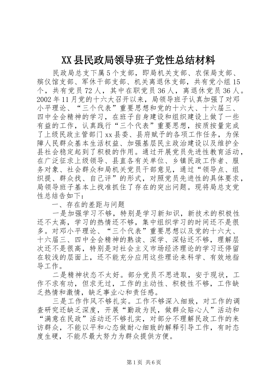 XX县民政局领导班子党性总结材料_第1页