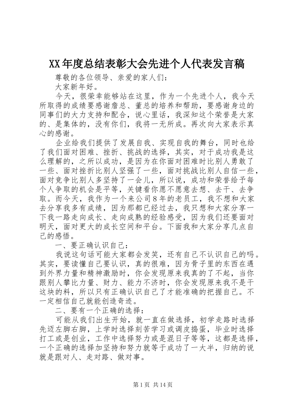 XX年度总结表彰大会先进个人代表发言稿_第1页