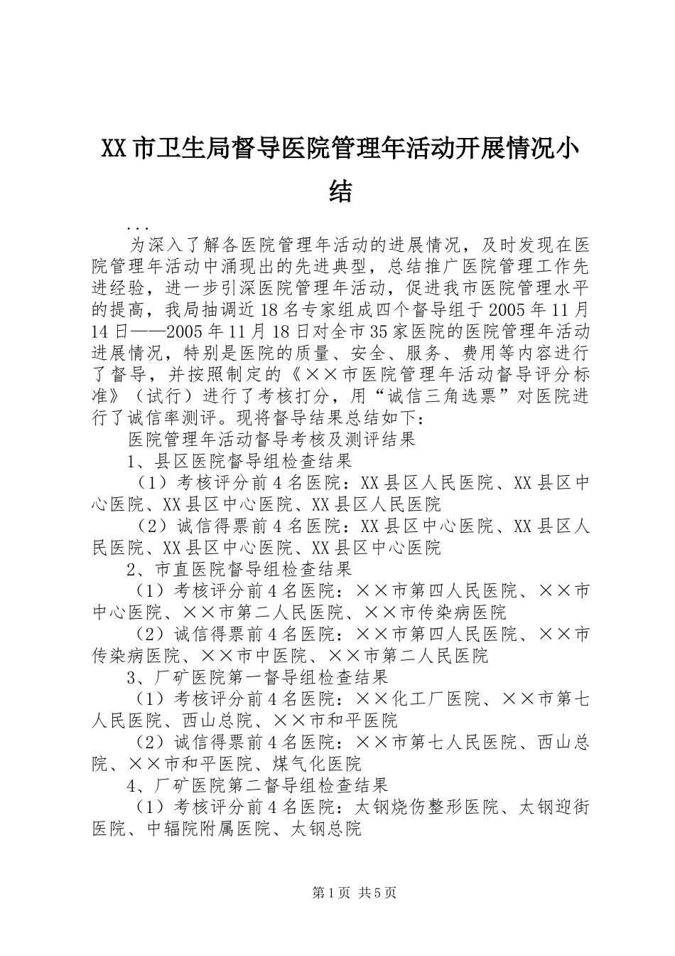 XX市卫生局督导医院管理年活动开展情况小结_第1页