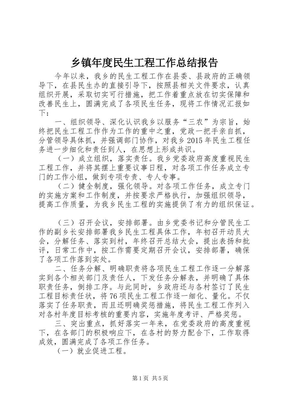 乡镇年度民生工程工作总结报告_第1页