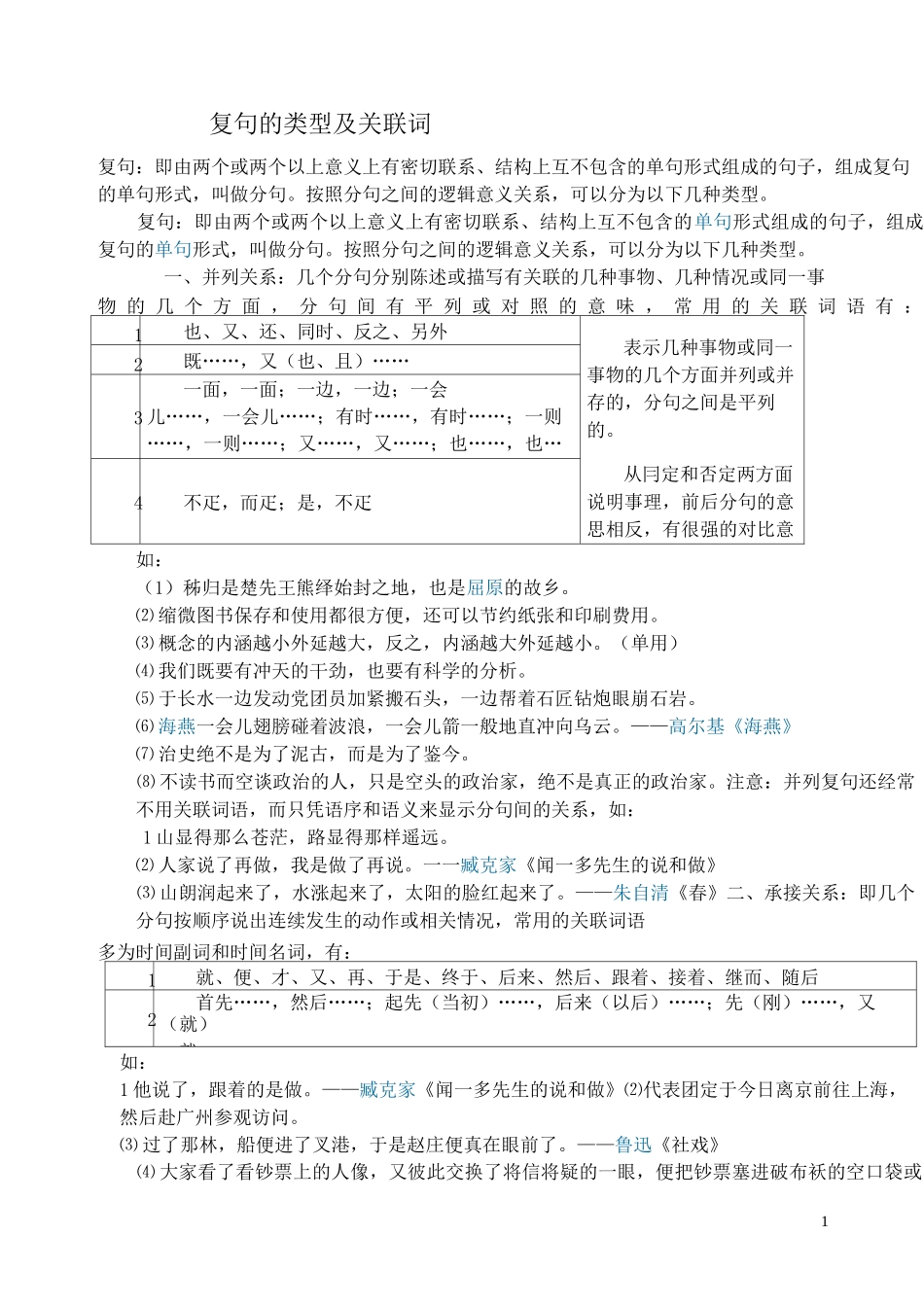 复句的类型及关联词_第1页