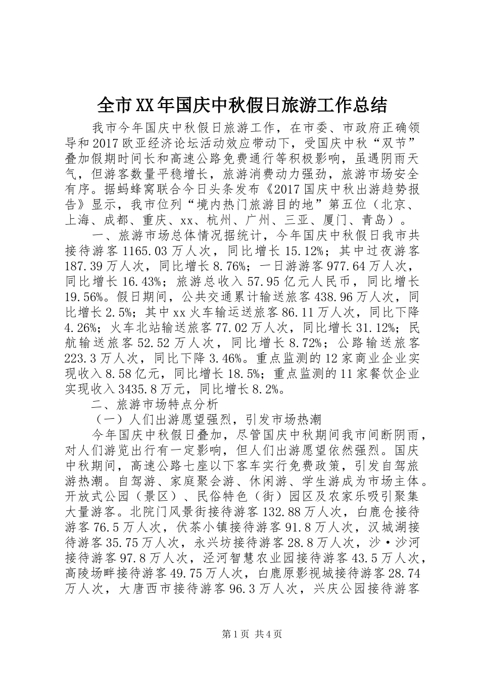 全市XX年国庆中秋假日旅游工作总结_第1页