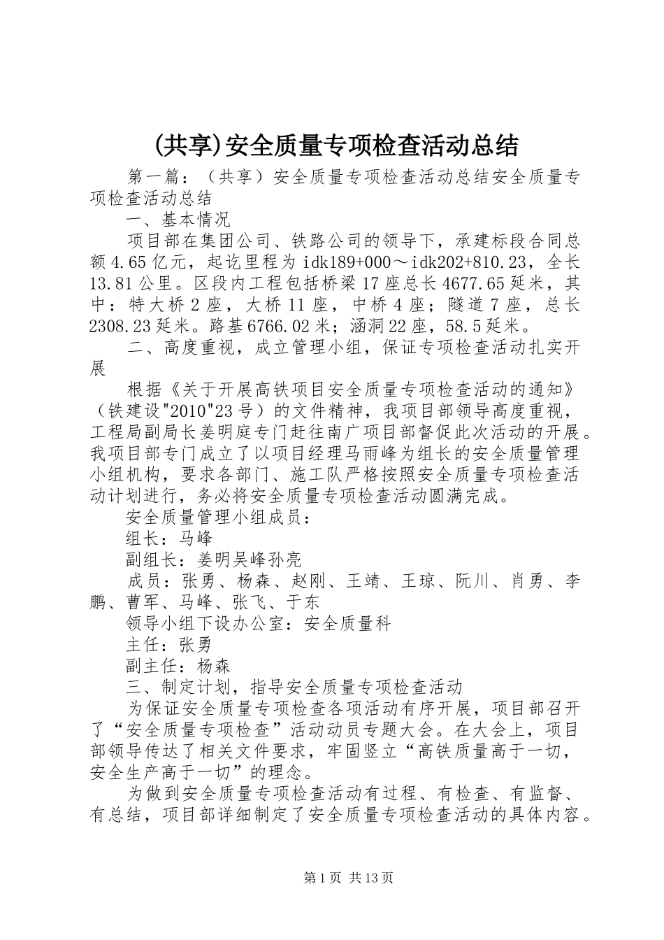 (共享)安全质量专项检查活动总结_第1页