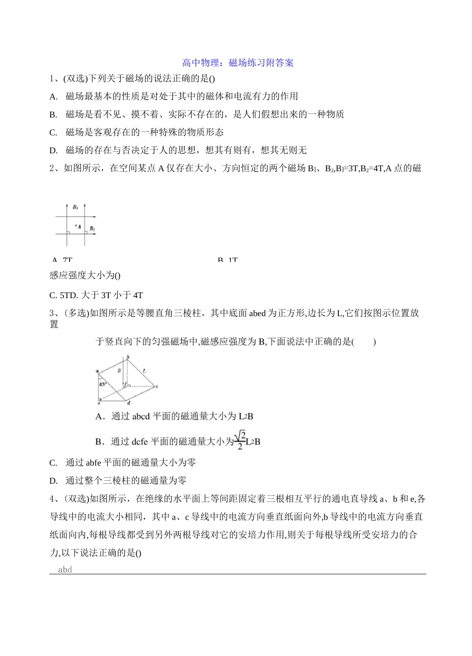 高中物理：磁场练习附答案_第1页