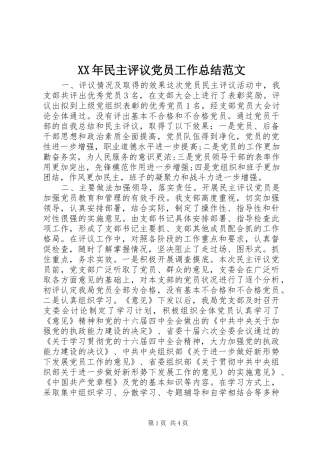 XX年民主评议党员工作总结范文