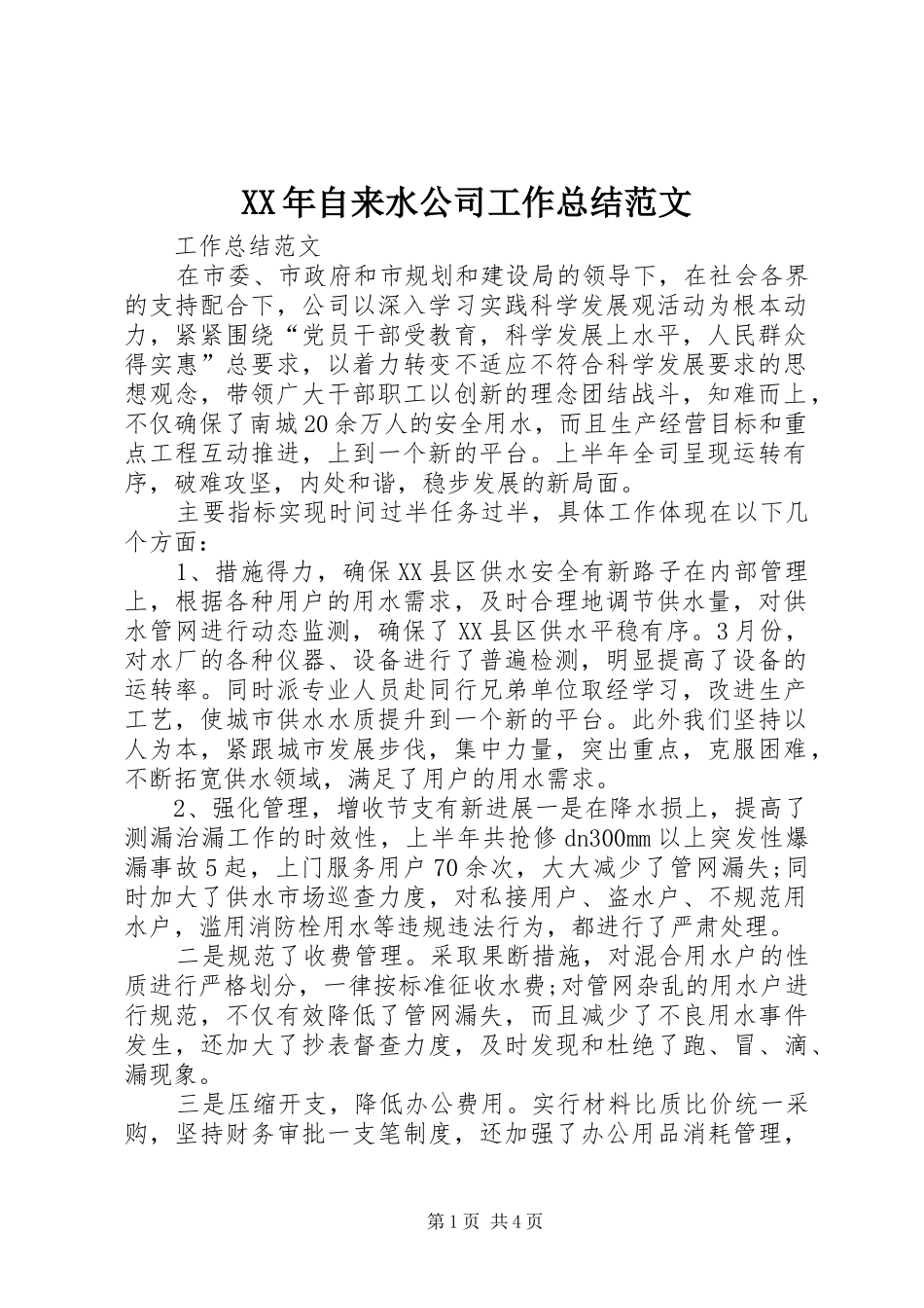 XX年自来水公司工作总结范文_第1页