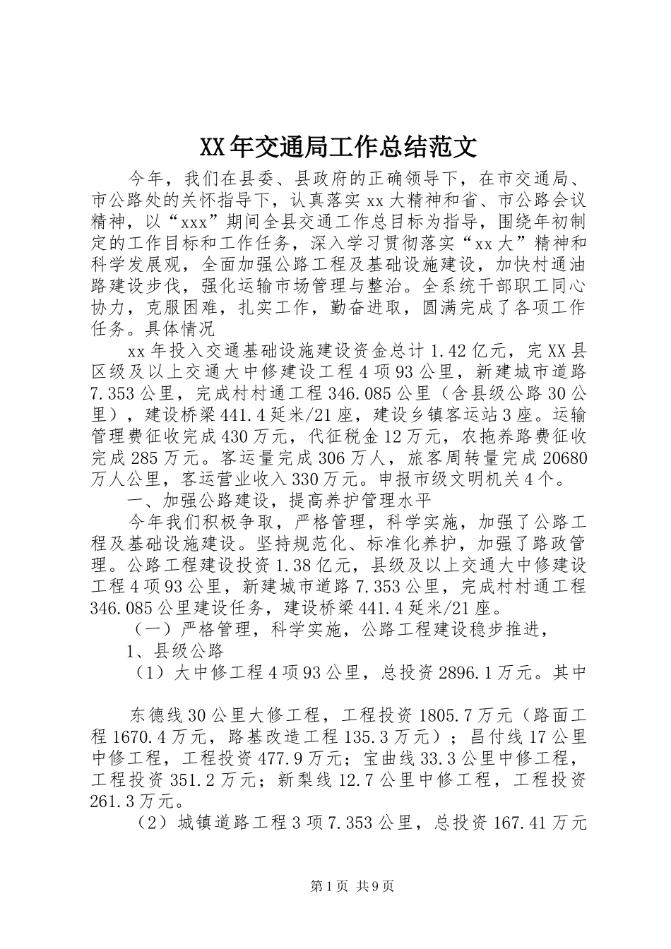 XX年交通局工作总结范文_第1页