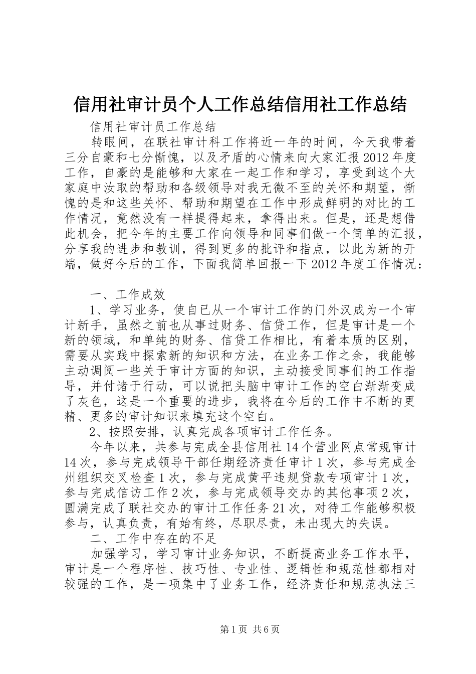 信用社审计员个人工作总结信用社工作总结_第1页