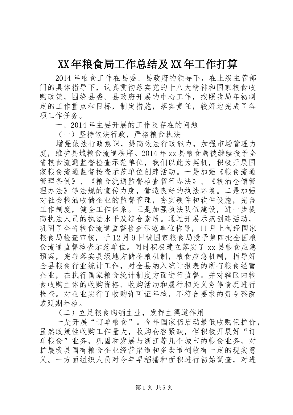 XX年粮食局工作总结及XX年工作打算_第1页