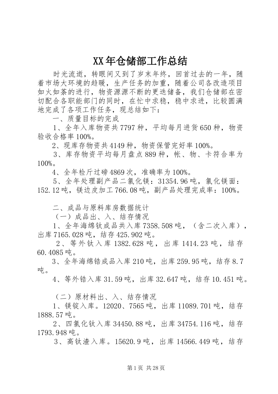 XX年仓储部工作总结_第1页