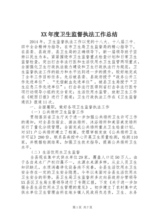 XX年度卫生监督执法工作总结