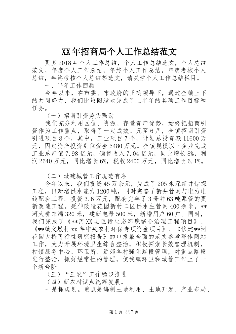 XX年招商局个人工作总结范文_第1页