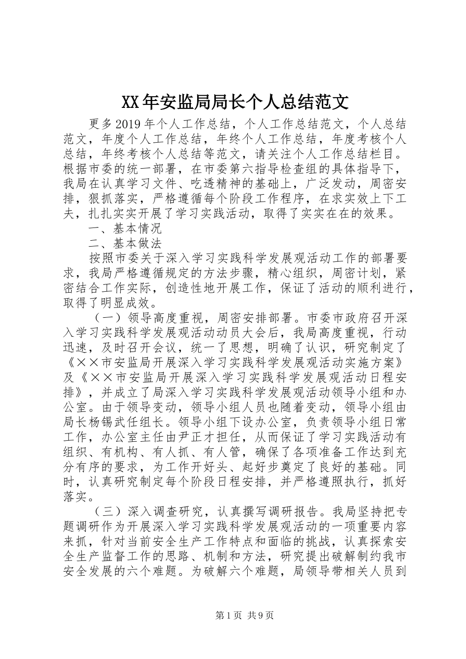XX年安监局局长个人总结范文_第1页