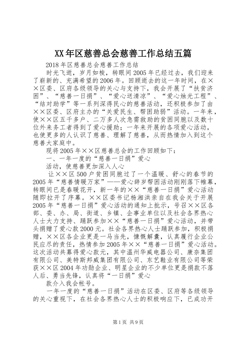 XX年区慈善总会慈善工作总结五篇_第1页