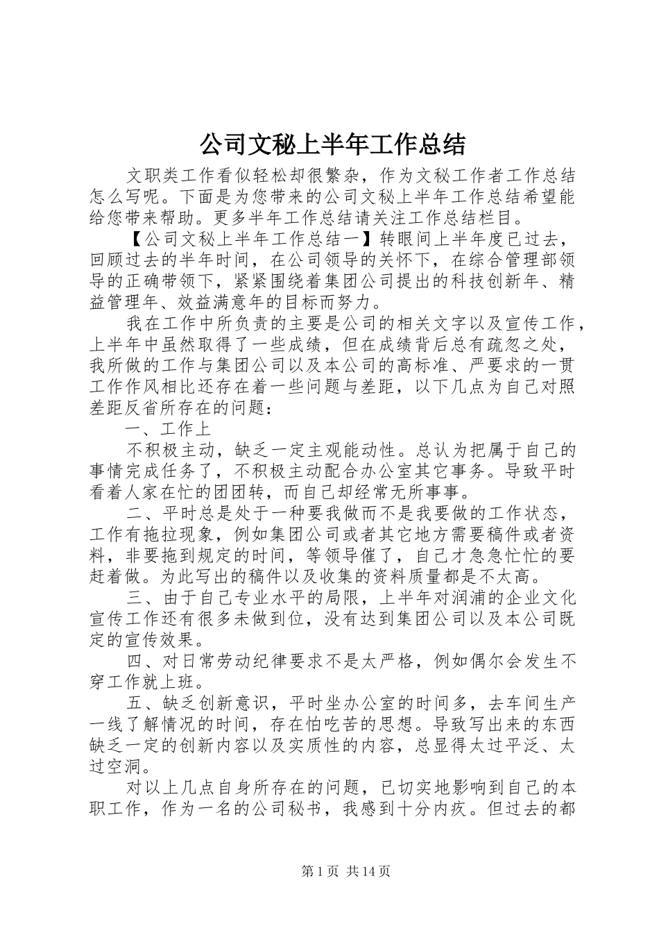 公司文秘上半年工作总结_第1页