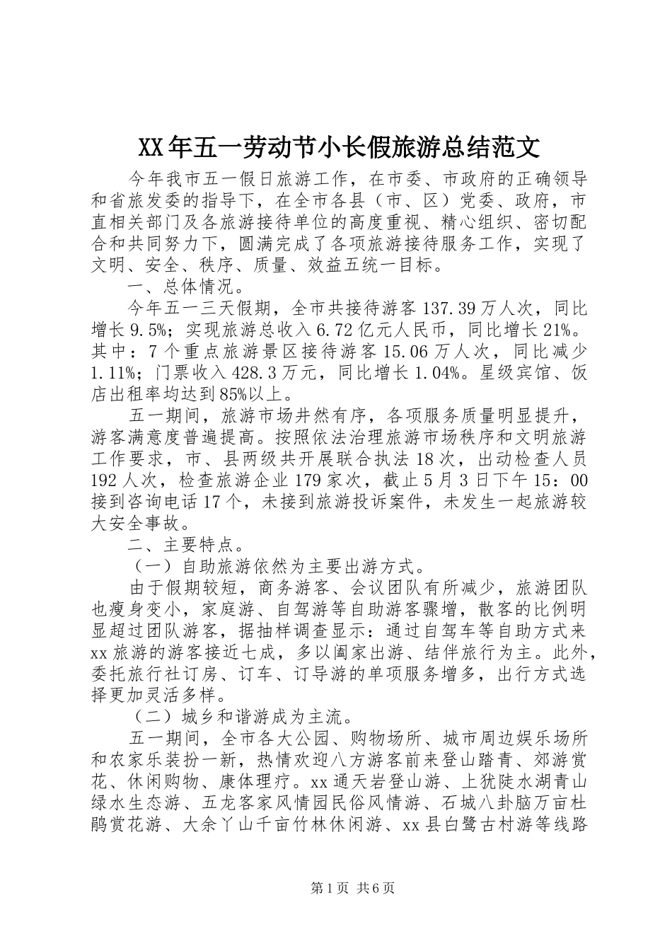 XX年五一劳动节小长假旅游总结范文_第1页