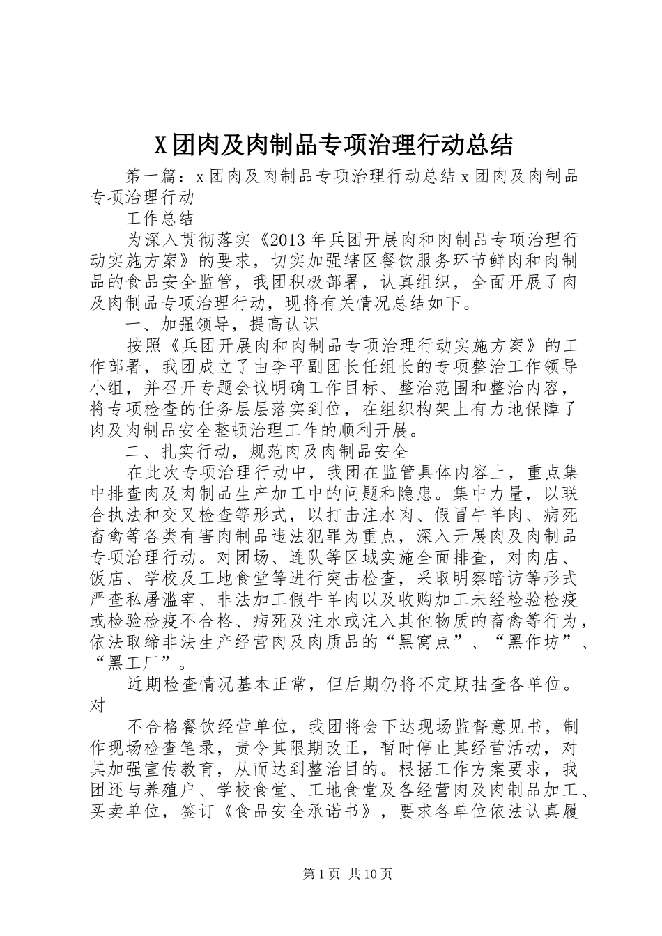 X团肉及肉制品专项治理行动总结_第1页