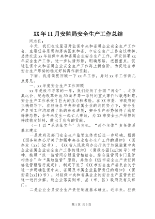 XX年11月安监局安全生产工作总结